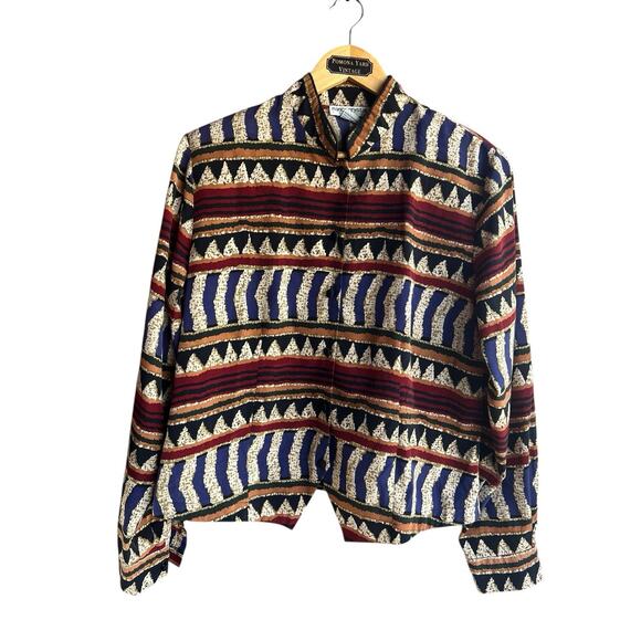 Nancy Crystal Aztex Western Theme Vintage Asymmetrical Hem Blouse Size 12 - Picture 1 of 8